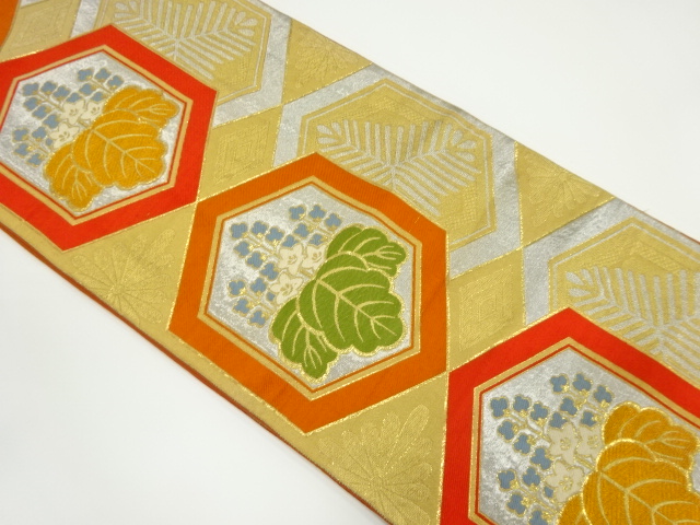 JAPANESE KIMONO / ANTIQUE FUKURO OBI / SILK / WOVEN KIKO & PAULOWNIA & KASAMATSU